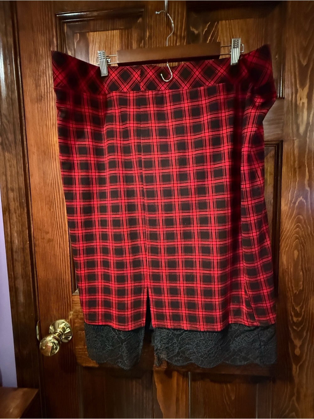 torrid Red and Black Plaid Pencil Skirt with Black Lace Hem